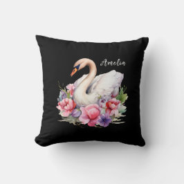 Elegante Waterverf Floral Black Swan Dochternaam Kussen