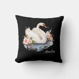 Elegante Waterverf Floral Black Swan Dochternaam Kussen