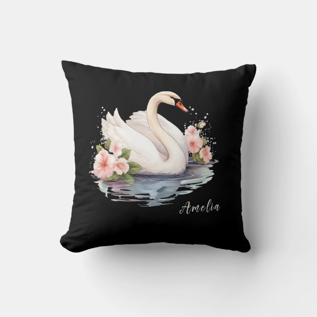 Elegante Waterverf Floral Black Swan Dochternaam Kussen (Voorkant)