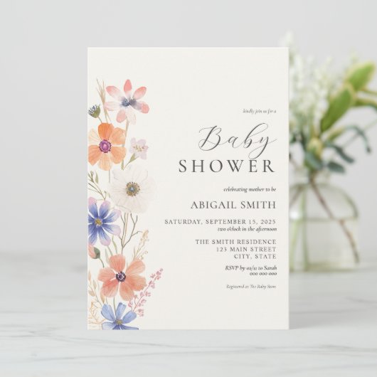Elegante Waterverf Floral Boho Baby shower Kaart (Staand voorkant)