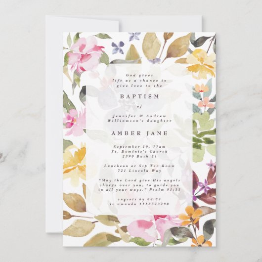 Elegante Waterverf Floral Botanische doop Kaart (Voorkant)