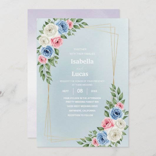 Elegante Waterverf Floral bruiloft uitnodiging Kaa (Voorkant / Achterkant)