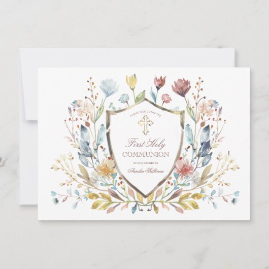 Elegante Waterverf Floral Crest Eerste Communie Kaart (Voorkant)