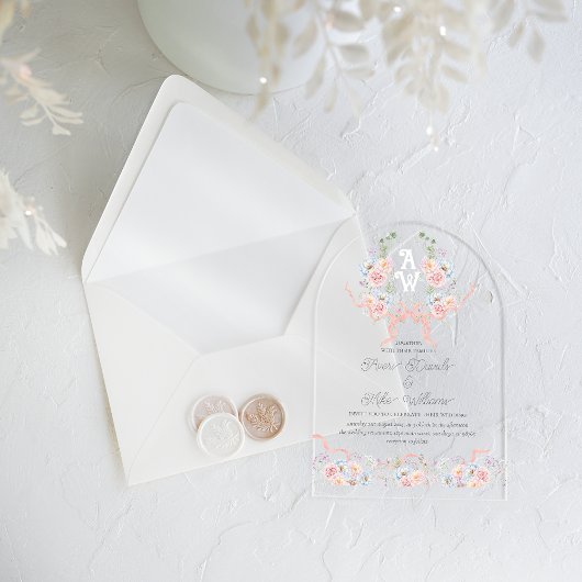 Elegante Waterverf Floral Crest Monogram Huwelijk Acryl Uitnodigingen