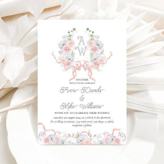 Elegante Waterverf Floral Crest Monogram Huwelijk Kaart