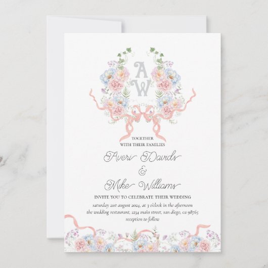 Elegante Waterverf Floral Crest Monogram Huwelijk Kaart (Voorkant)