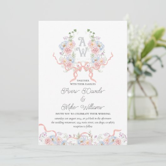 Elegante Waterverf Floral Crest Monogram Huwelijk Kaart (Staand voorkant)