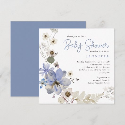Elegante Waterverf Floral Dusty Blue Baby shower Kaart (Voorkant / Achterkant)