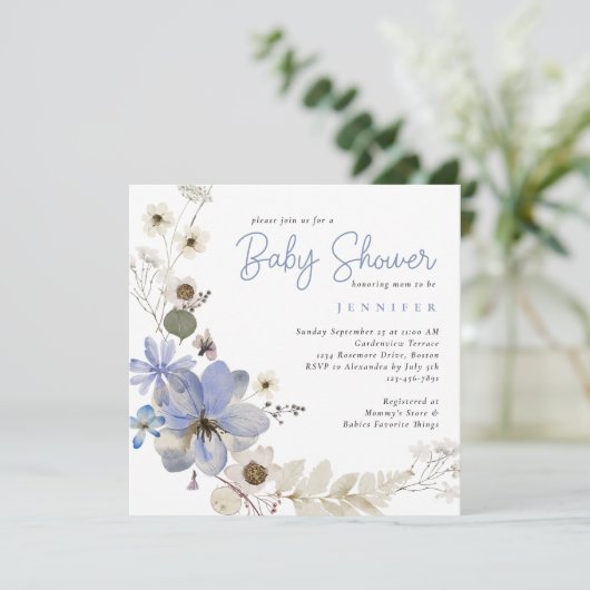 Elegante Waterverf Floral Dusty Blue Baby shower Kaart (Staand voorkant)