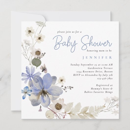 Elegante Waterverf Floral Dusty Blue Baby shower Kaart (Voorkant)