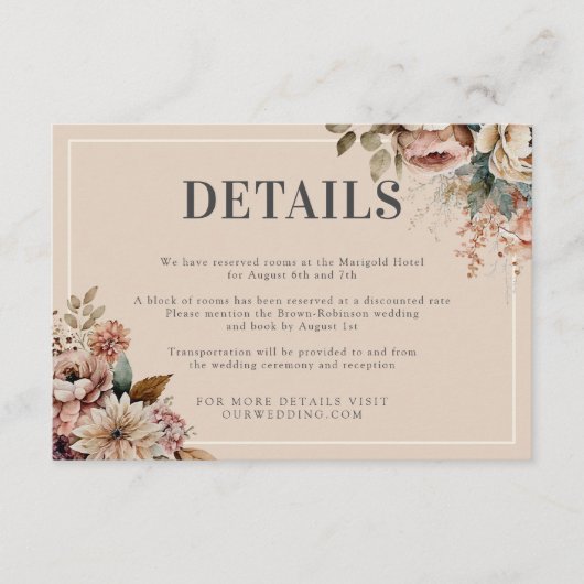 Elegante Waterverf Floral Fall bruiloft details Informatiekaartje (Voorkant)