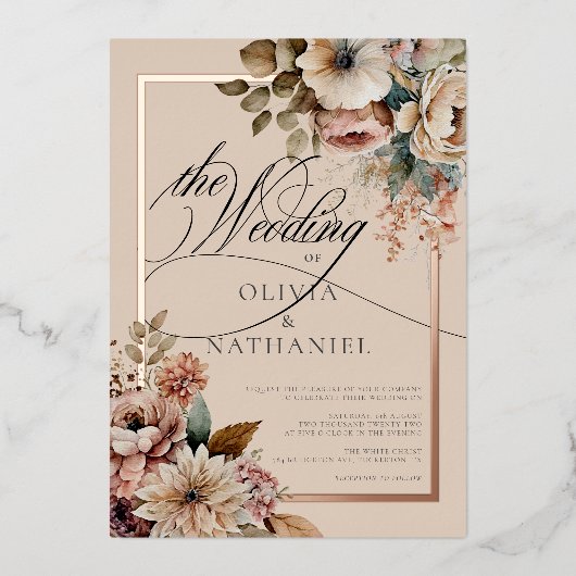 Elegante Waterverf Floral Fall Bruiloft Folie Uitnodiging (Voorkant)