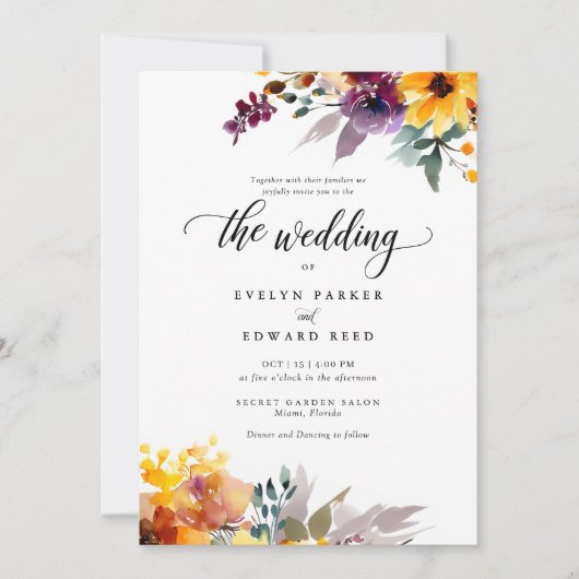 Elegante Waterverf Floral Fall Bruiloft Kaart (Voorkant)