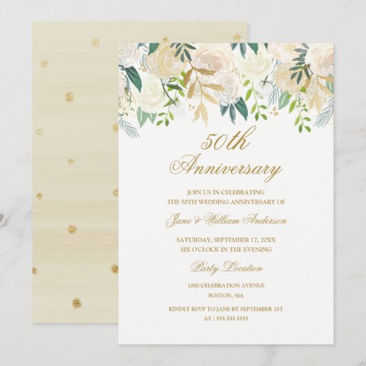 Elegante Waterverf Floral Gold Jubileum Kaart (Voorkant / Achterkant)