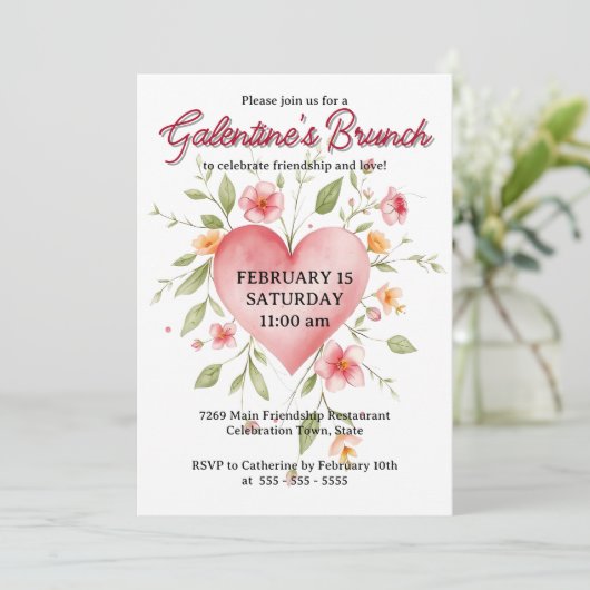Elegante Waterverf Floral Heart Galentine's Brunch Kaart (Staand voorkant)