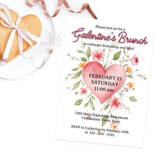Elegante Waterverf Floral Heart Galentine's Brunch Kaart