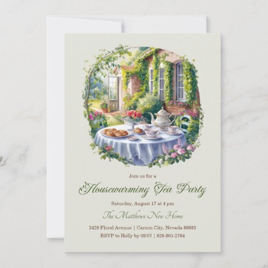 Elegante Waterverf FLoral Housewarming Tea Party Kaart (Voorkant)
