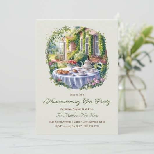 Elegante Waterverf FLoral Housewarming Tea Party Kaart (Staand voorkant)