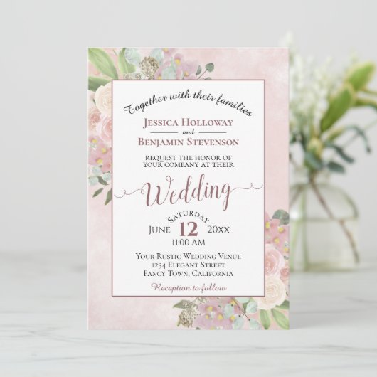 Elegante Waterverf Floral Mauve Pink Boho Bruiloft Kaart (Staand voorkant)