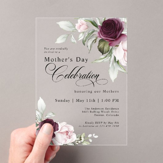 Elegante Waterverf Floral Moederdag Celebration Acryl Uitnodigingen (Insitu (Draagbaar))