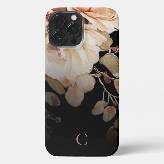 Elegante Waterverf Floral Monogram Zwart iPhone Hoesje (Achterkant)
