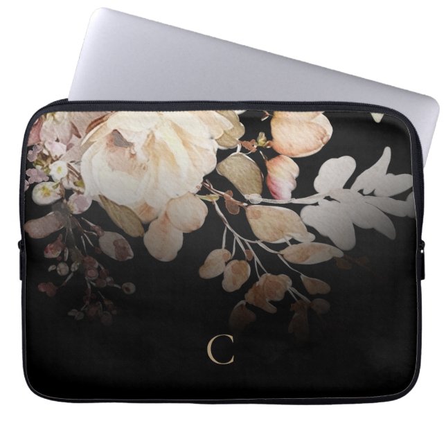 Elegante Waterverf Floral Monogram Zwart Laptop Sleeve (Voorkant)