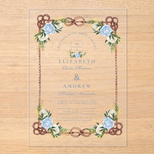 Elegante Waterverf Floral Nautische bruiloft Acryl Uitnodigingen (Voorkant)