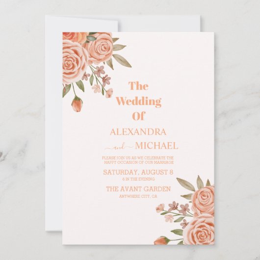 Elegante Waterverf Floral Peach Fuzz bruiloft Kaart (Voorkant)