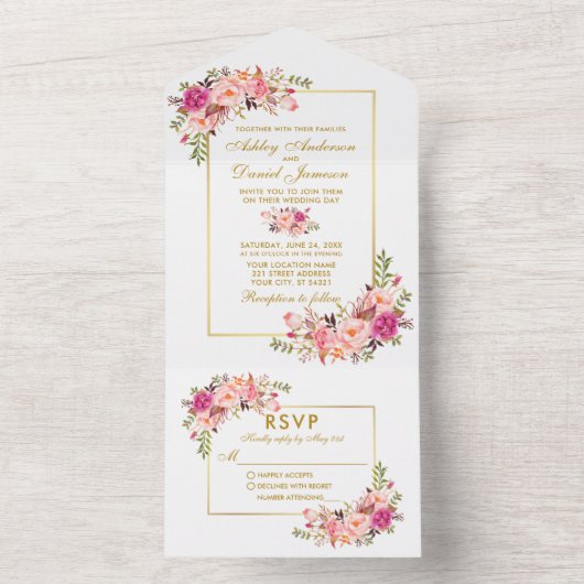 Elegante Waterverf Floral Pink Blush Gold All In One Uitnodiging (Binnen)