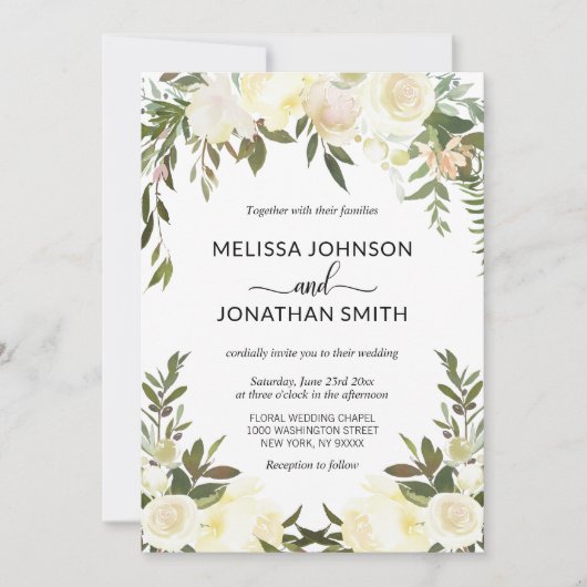 Elegante Waterverf Floral Pink Cream Ivory Bruilof Kaart (Voorkant)