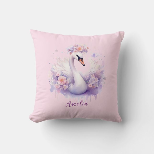 Elegante Waterverf Floral Pink Swan Dochter Gift Kussen (Voorkant)