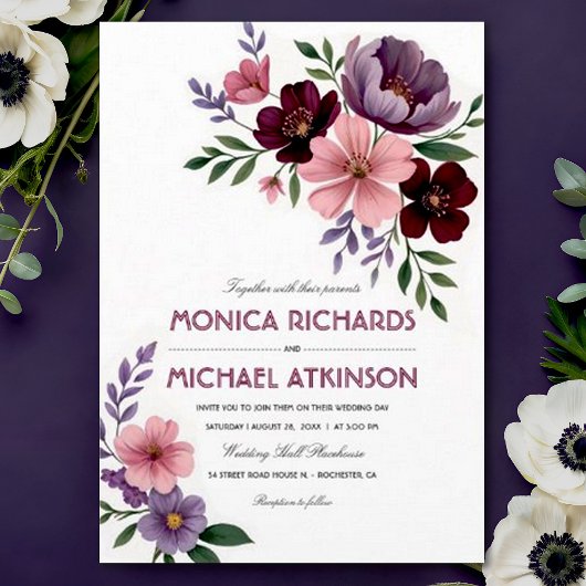 Elegante Waterverf Floral Plum Bourgondië bruiloft Kaart