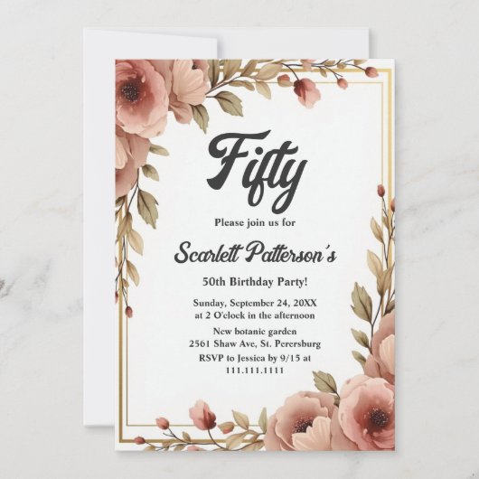 Elegante Waterverf Floral Romantische 50ste verjaa Kaart (Voorkant)