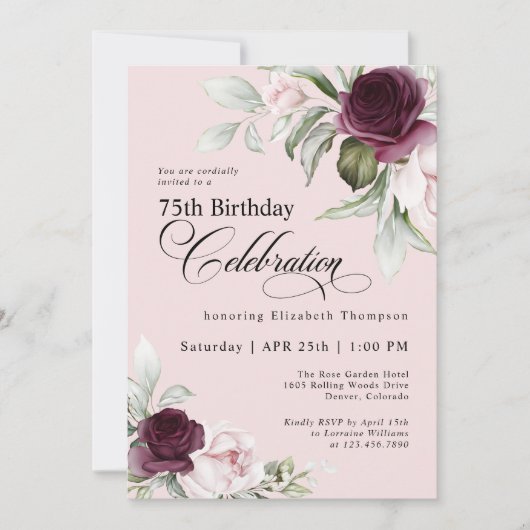 Elegante Waterverf Floral Roze 75ste verjaardag Kaart (Voorkant)