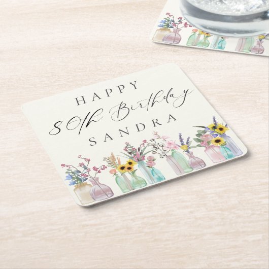 Elegante Waterverf Florals Happy 80th Birthday Kartonnen Onderzetters (Schuin)