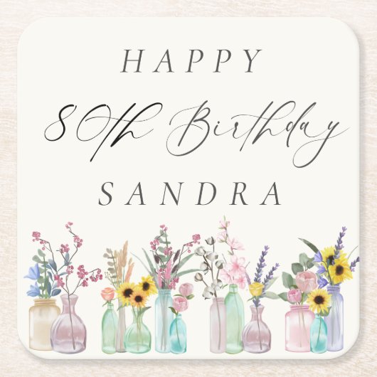 Elegante Waterverf Florals Happy 80th Birthday Kartonnen Onderzetters (Voorkant)