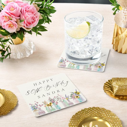 Elegante Waterverf Florals Happy 80th Birthday Kartonnen Onderzetters