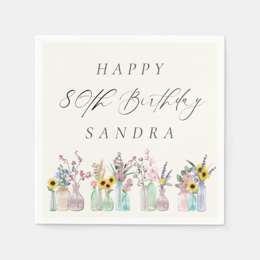 Elegante Waterverf Florals Happy 80th Birthday Servet (Voorkant)