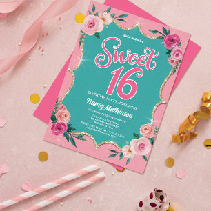 Elegante Waterverf Flowers Gold Sweet 16 Verjaarda Kaart