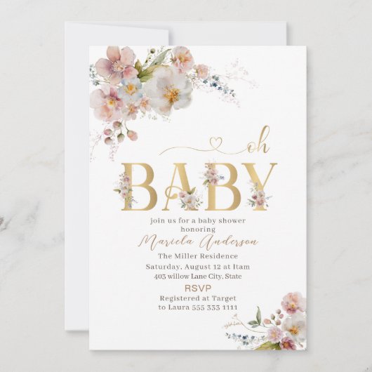 Elegante Waterverf Flowers Oh Baby Baby Sho Kaart (Voorkant)