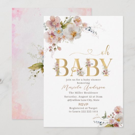 Elegante Waterverf Flowers Oh Baby Baby Sho Kaart (Voorkant / Achterkant)