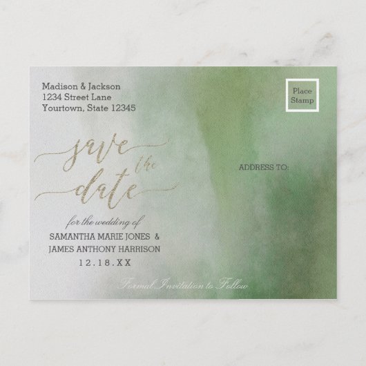 Elegante Waterverf Foliage Bruiloft Save the Date Aankondigingskaart (Achterkant)