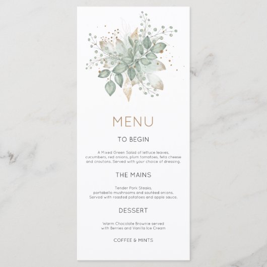 Elegante Waterverf Foliage Gold Sage Bruiloft Menu (Voorkant)