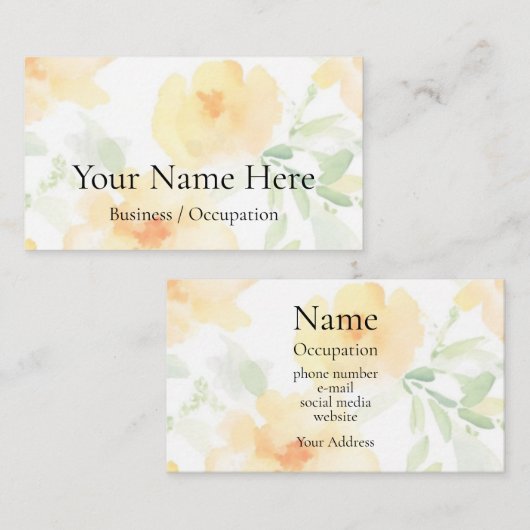 Elegante waterverf geel bloemenboho groen visitekaartje (Voorkant / Achterkant)