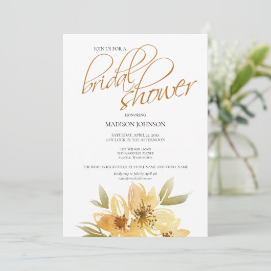 Elegante Waterverf Geel bruiloft Vrijgezellenfeest Kaart (Staand voorkant)