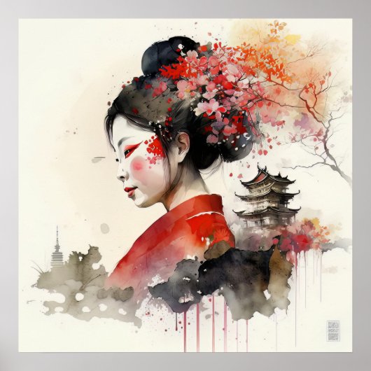 Elegante Waterverf Geisha Portrait Poster (Voorkant)