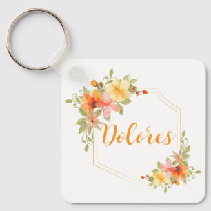 Elegante Waterverf Gele Bloemenkrans Monogram Naam Sleutelhanger