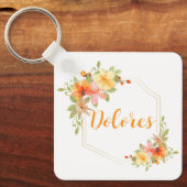 Elegante Waterverf Gele Bloemenkrans Monogram Naam Sleutelhanger (Voorkant)