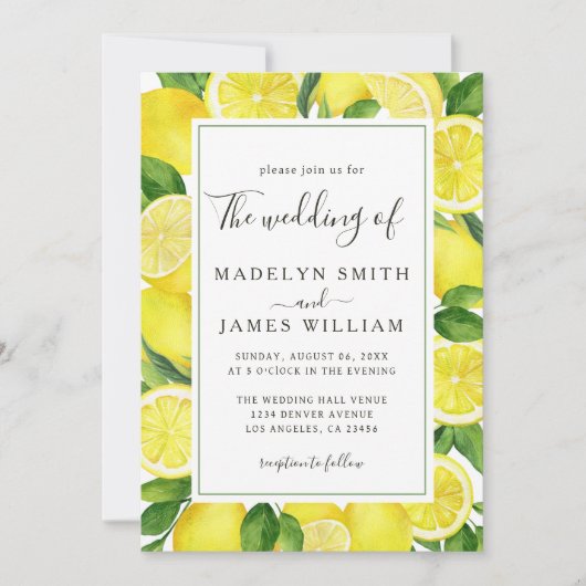 Elegante Waterverf Gele Citroenen Bruiloft Kaart (Voorkant)