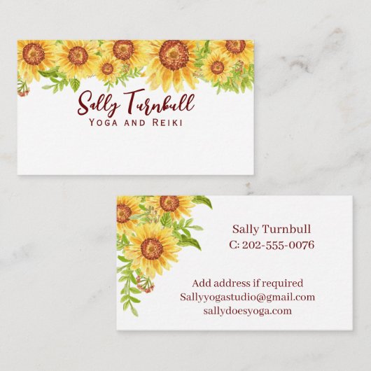 Elegante Waterverf gele zonnebloem Visitekaartje (Voorkant / Achterkant)